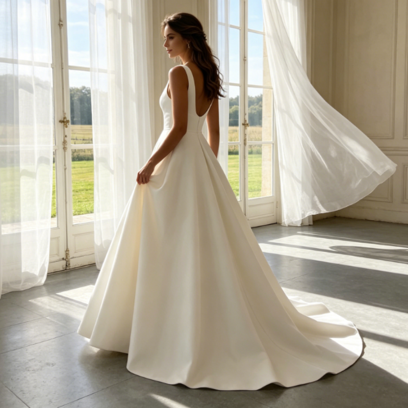 Elfenbeinweißes Tüll-Maxikleid mit Beinschlitz – Florale Spitze & V-Ausschnitt