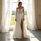 Elfenbeinweißes Abendkleid mit langen Spitzenärmeln, hohem Beinschlitz & A-Linien-Schnitt aus Chiffon – Elegante Abendrobe