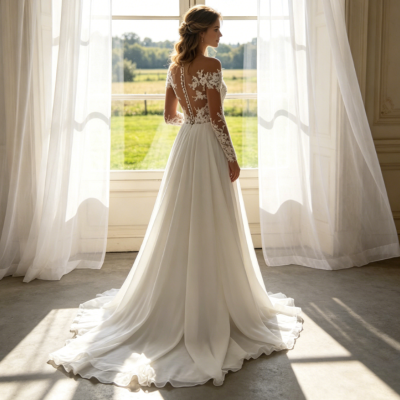 Elfenbeinweißes Abendkleid mit langen Spitzenärmeln, hohem Beinschlitz & A-Linien-Schnitt aus Chiffon – Elegante Abendrobe