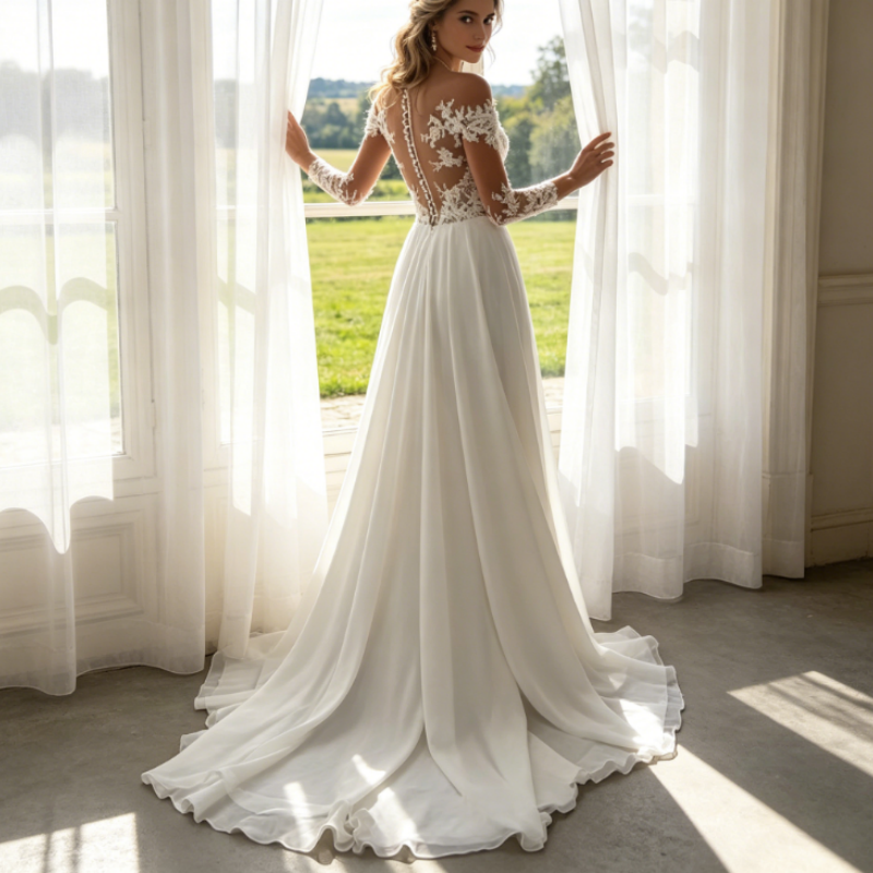Elfenbeinweißes Abendkleid mit langen Spitzenärmeln, hohem Beinschlitz & A-Linien-Schnitt aus Chiffon – Elegante Abendrobe