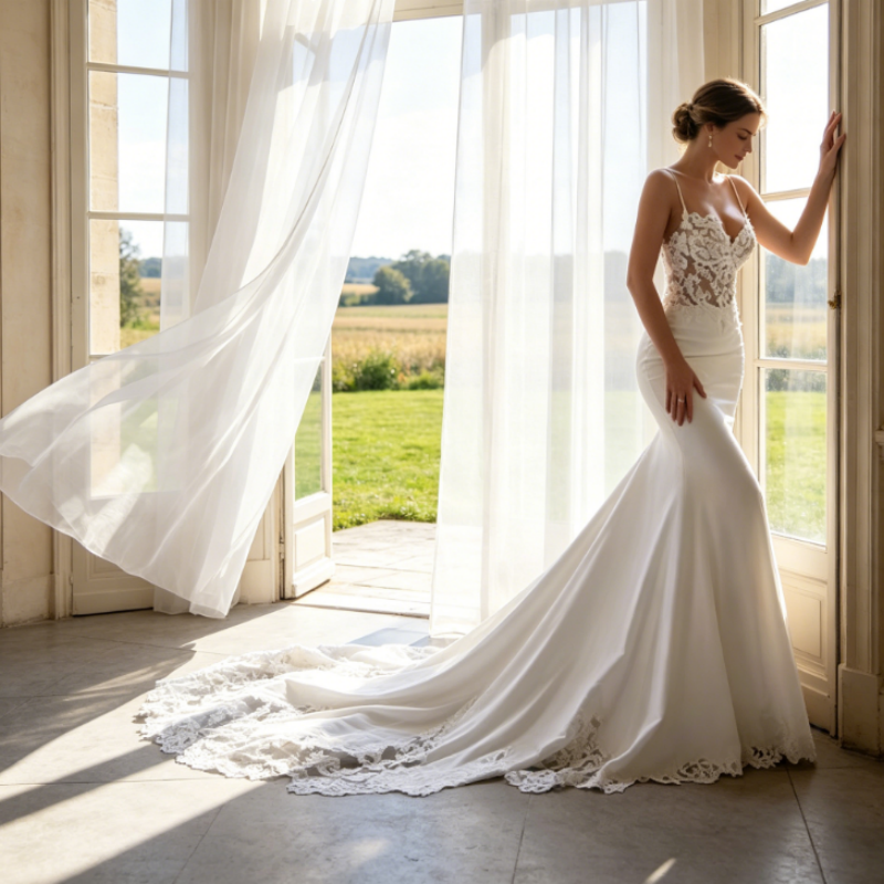 Elfenbeinweißes Abendkleid mit floraler Spitze und Beinschlitz – Elegante A-Linie aus Chiffon