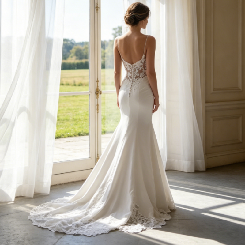 Elfenbeinweißes Abendkleid mit floraler Spitze und Beinschlitz – Elegante A-Linie aus Chiffon