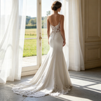 Elfenbeinweißes Abendkleid mit floraler Spitze und Beinschlitz – Elegante A-Linie aus Chiffon