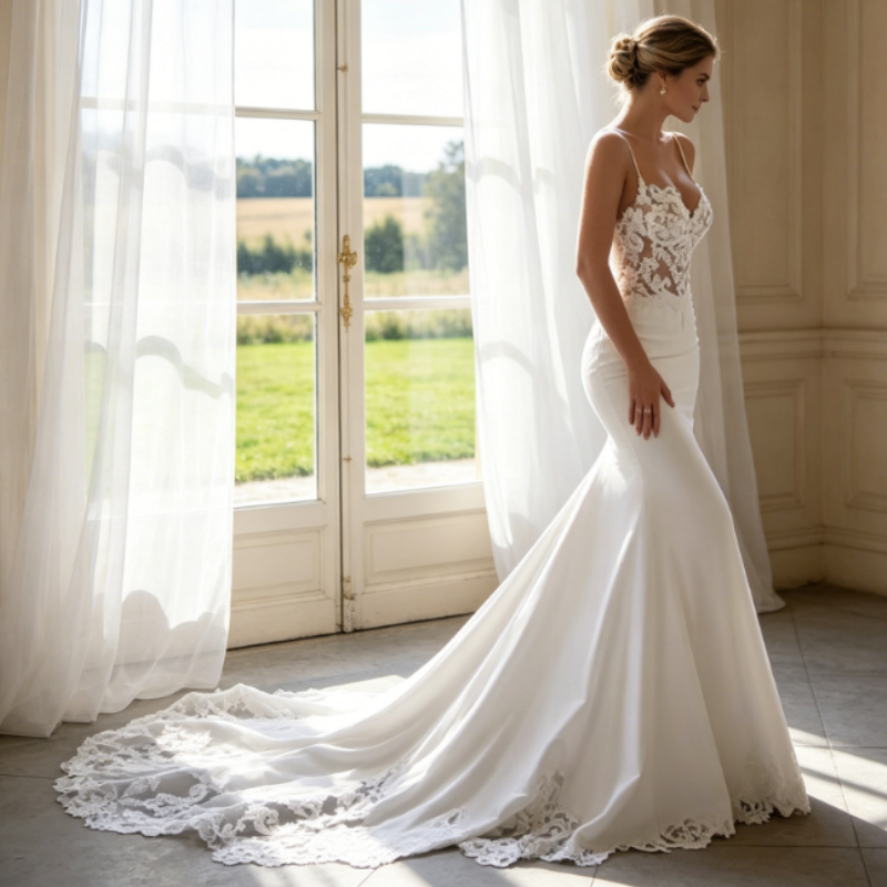 Elfenbeinweißes Abendkleid mit floraler Spitze und Beinschlitz – Elegante A-Linie aus Chiffon
