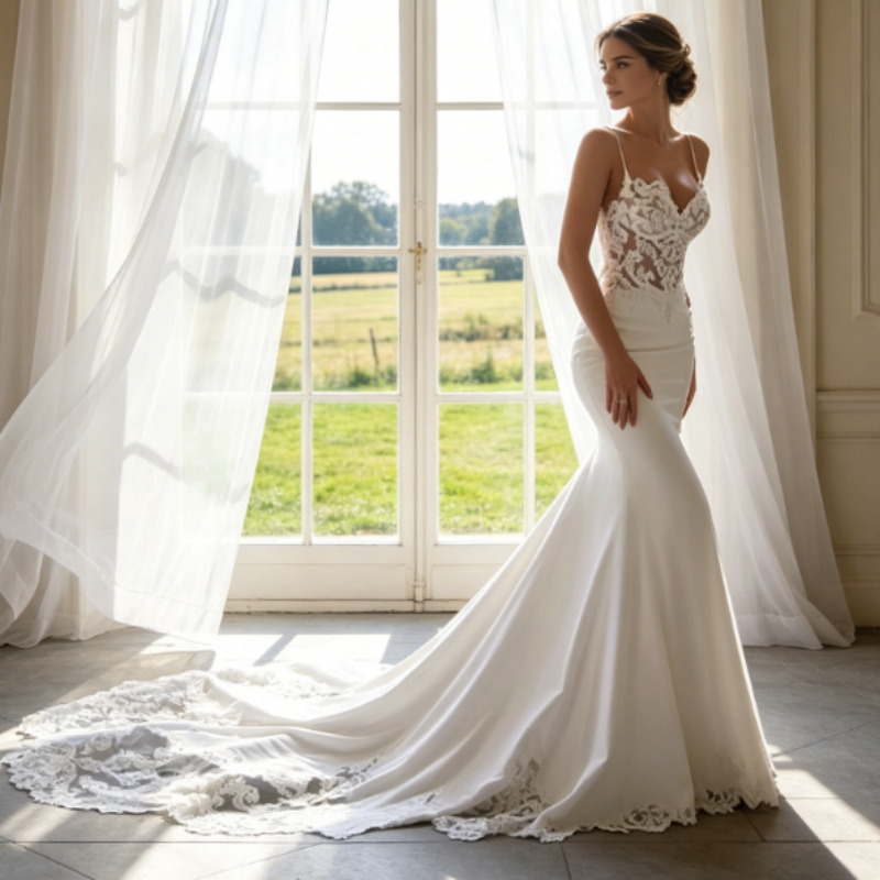 Elfenbeinweißes Abendkleid mit floraler Spitze und Beinschlitz – Elegante A-Linie aus Chiffon