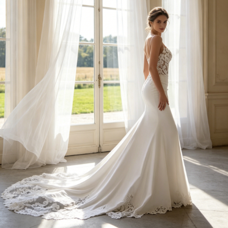 Elfenbeinweißes Abendkleid mit floraler Spitze und Beinschlitz – Elegante A-Linie aus Chiffon