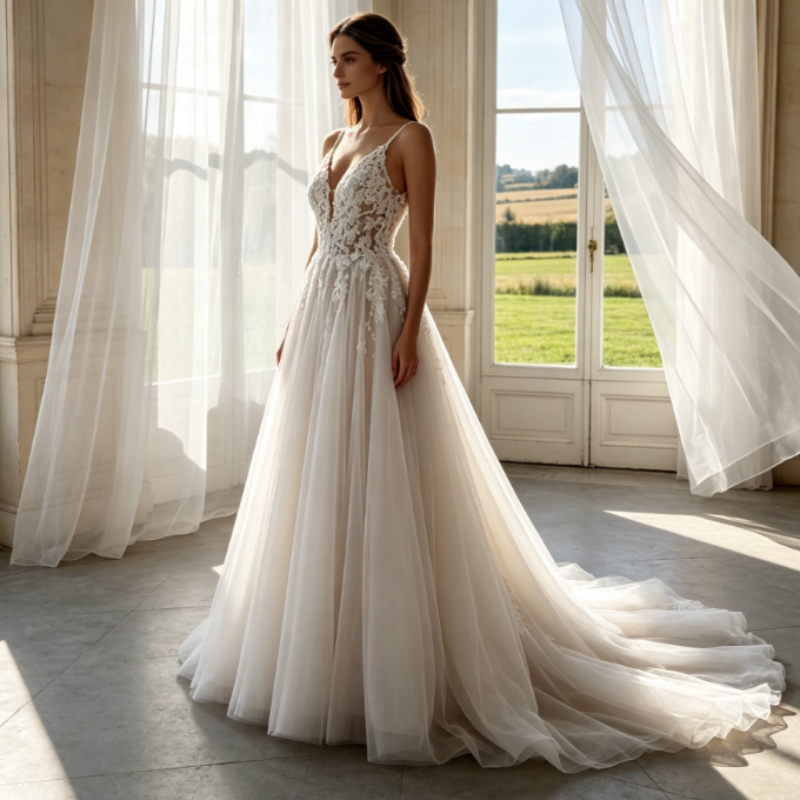 Elfenbeinweißes Maxikleid mit Spaghettiträgern, floraler Spitze und luftigem Tüllrock – Elegante Abendrobe in A-Linie