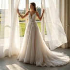 Elfenbeinweißes Maxikleid mit Spaghettiträgern, floraler Spitze und luftigem Tüllrock – Elegante Abendrobe in A-Linie