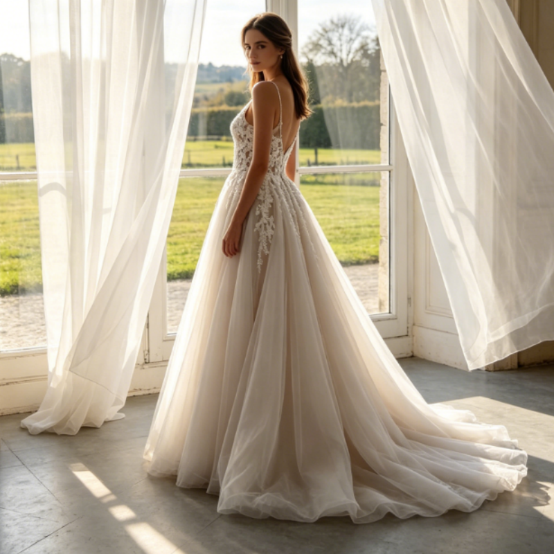 Elfenbeinweißes Maxikleid mit Spaghettiträgern, floraler Spitze und luftigem Tüllrock – Elegante Abendrobe in A-Linie