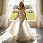 Glitzerndes Abendkleid mit Pailletten & Off-Shoulder-Ausschnitt – Elegante Mermaid-Robe in Elfenbein mit Schleppe