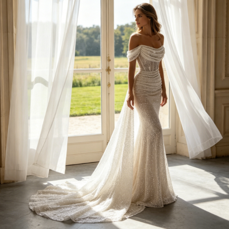 Glitzerndes Abendkleid mit Pailletten & Off-Shoulder-Ausschnitt – Elegante Mermaid-Robe in Elfenbein mit Schleppe