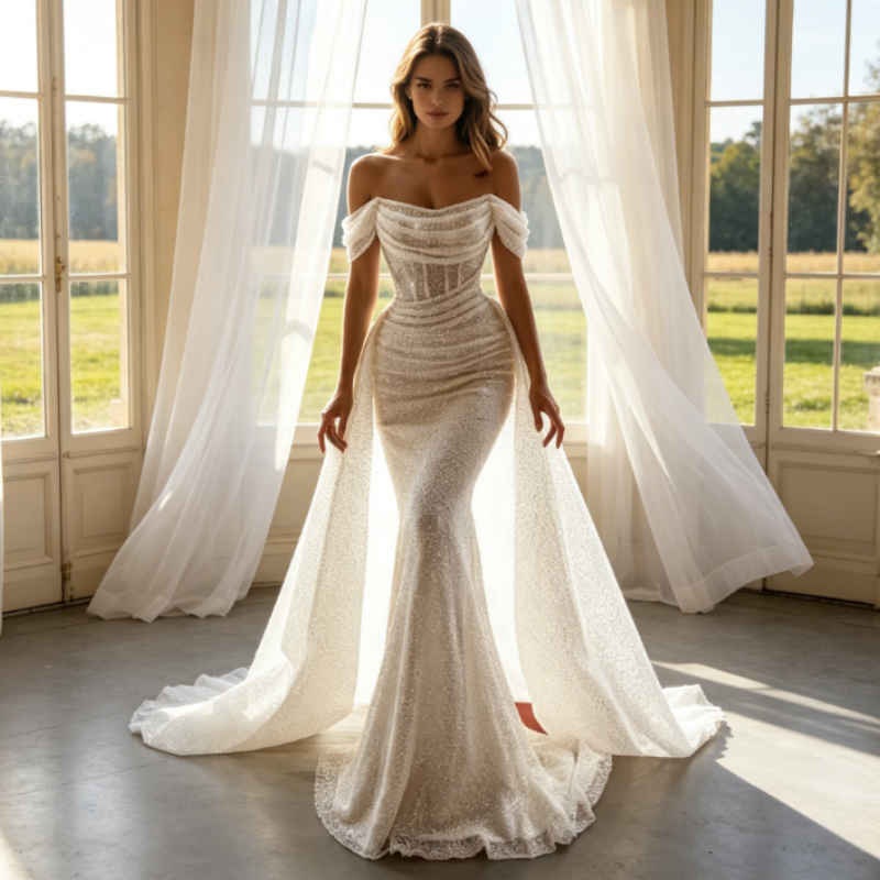 Glitzerndes Abendkleid mit Pailletten & Off-Shoulder-Ausschnitt – Elegante Mermaid-Robe in Elfenbein mit Schleppe