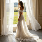 Glitzerndes Abendkleid mit Pailletten & Off-Shoulder-Ausschnitt – Elegante Mermaid-Robe in Elfenbein mit Schleppe