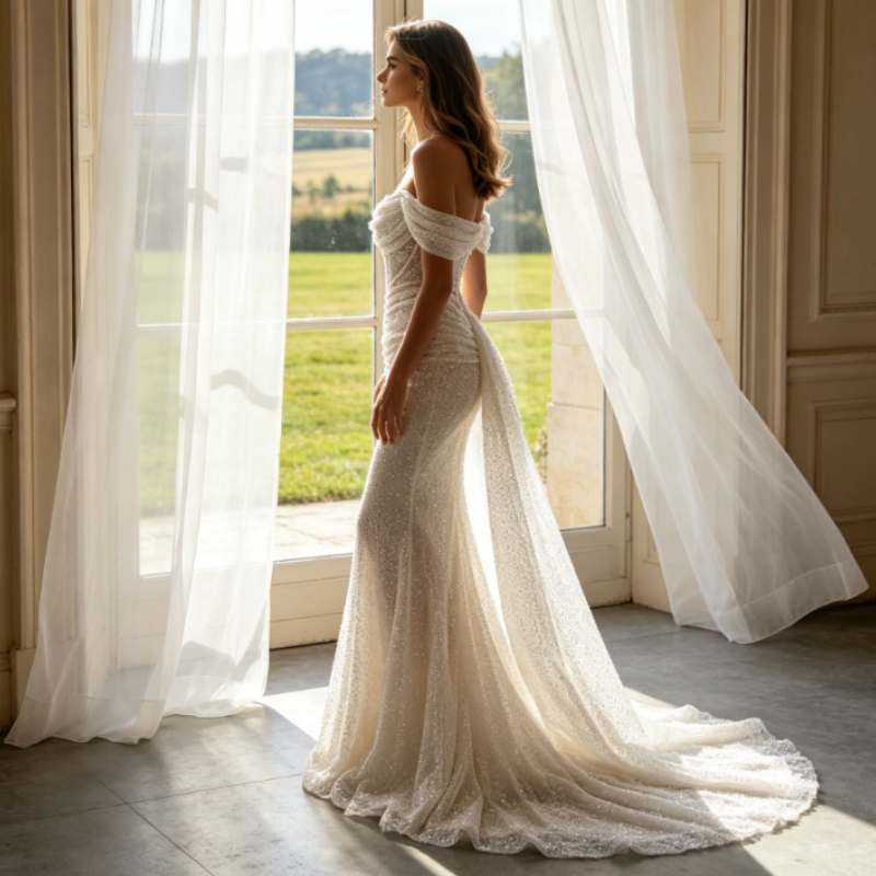 Glitzerndes Abendkleid mit Pailletten & Off-Shoulder-Ausschnitt – Elegante Mermaid-Robe in Elfenbein mit Schleppe