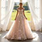 Glitzerndes Maxikleid in Elfenbein mit floraler Spitze & Illusions-Ausschnitt – Elegante Abendrobe aus Tüll in A-Linie