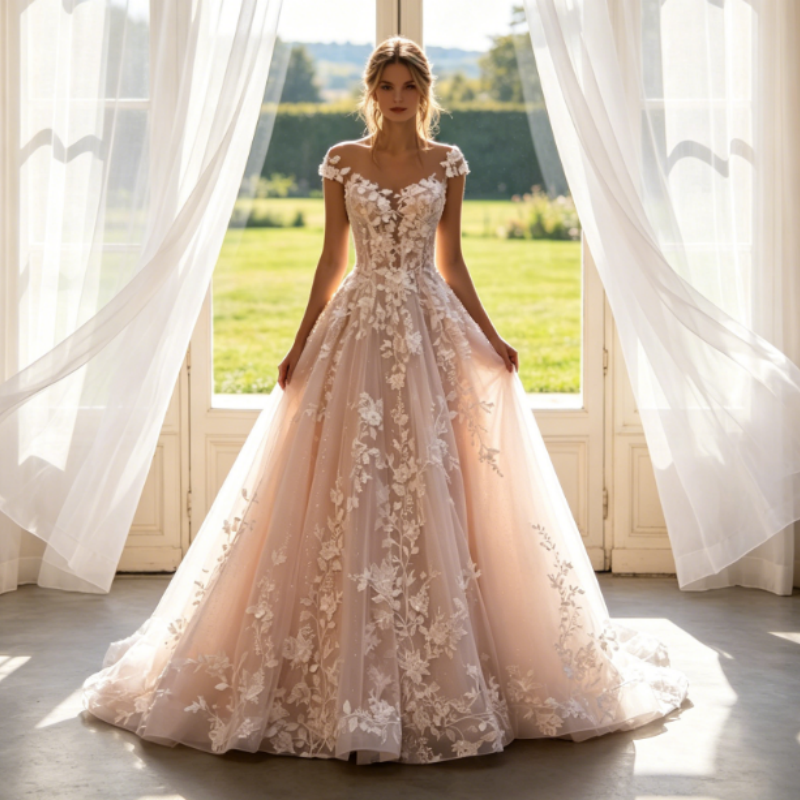 Glitzerndes Maxikleid in Elfenbein mit floraler Spitze & Illusions-Ausschnitt – Elegante Abendrobe aus Tüll in A-Linie