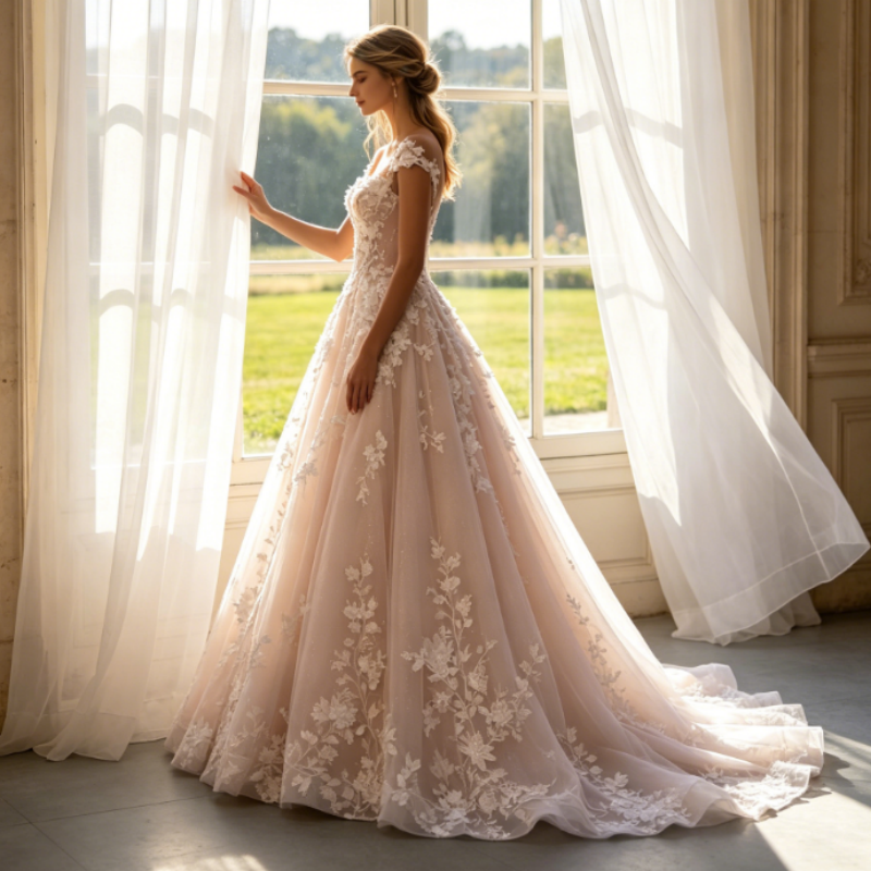 Glitzerndes Maxikleid in Elfenbein mit floraler Spitze & Illusions-Ausschnitt – Elegante Abendrobe aus Tüll in A-Linie
