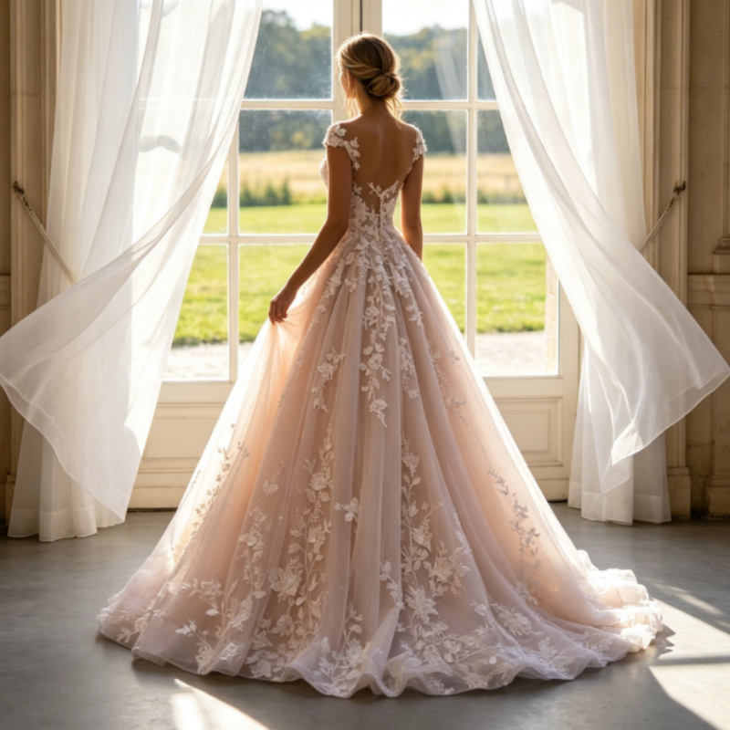 Glitzerndes Maxikleid in Elfenbein mit floraler Spitze & Illusions-Ausschnitt – Elegante Abendrobe aus Tüll in A-Linie