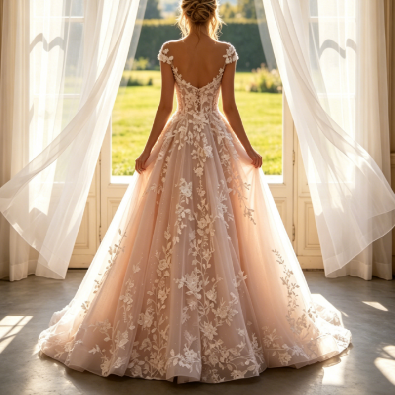 Glitzerndes Maxikleid in Elfenbein mit floraler Spitze & Illusions-Ausschnitt – Elegante Abendrobe aus Tüll in A-Linie