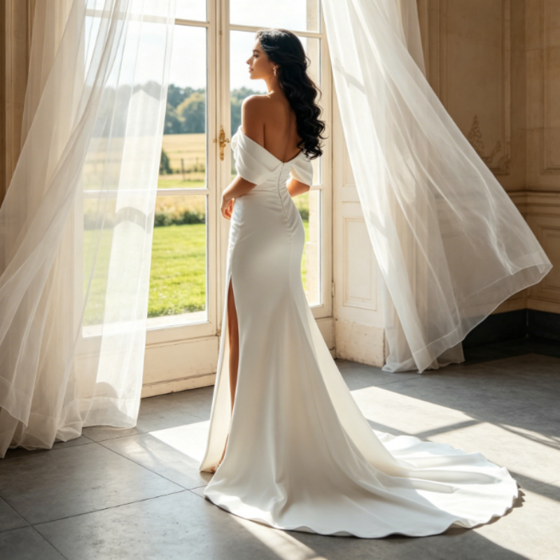 Elfenbeinweißes Abendkleid mit Beinschlitz & Off-Shoulder-Ausschnitt – Elegante Robe aus Satin mit Schleppe