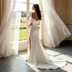 Elfenbeinweißes Abendkleid mit Beinschlitz & Off-Shoulder-Ausschnitt – Elegante Robe aus Satin mit Schleppe