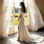 Elfenbeinweißes Abendkleid mit Beinschlitz & Off-Shoulder-Ausschnitt – Elegante Robe aus Satin mit Schleppe