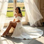 Elfenbeinweißes Abendkleid mit Beinschlitz & Off-Shoulder-Ausschnitt – Elegante Robe aus Satin mit Schleppe