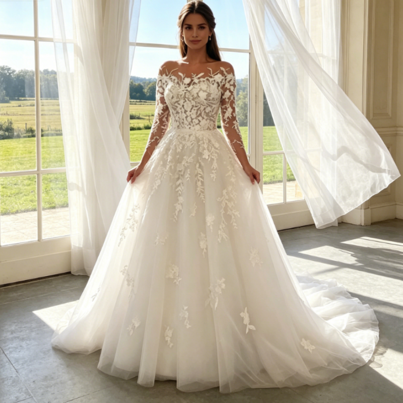 Elfenbeinweißes Abendkleid mit langen Spitzenärmeln & Illusions-Ausschnitt – Elegante A-Linie aus Tüll mit Schleppe