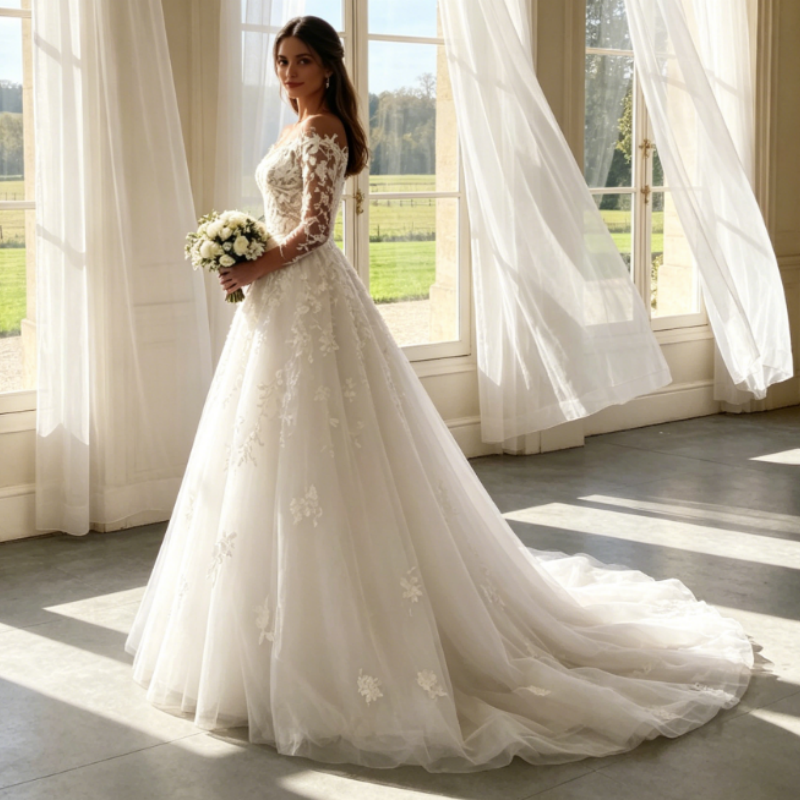 Elfenbeinweißes Abendkleid mit langen Spitzenärmeln & Illusions-Ausschnitt – Elegante A-Linie aus Tüll mit Schleppe