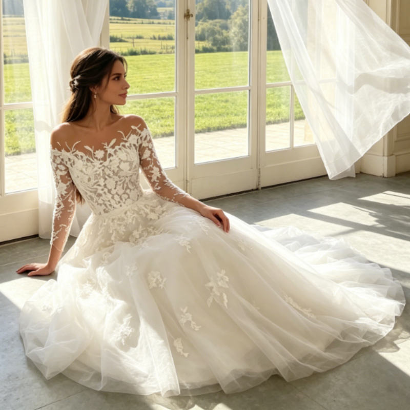 Elfenbeinweißes Abendkleid mit langen Spitzenärmeln & Illusions-Ausschnitt – Elegante A-Linie aus Tüll mit Schleppe