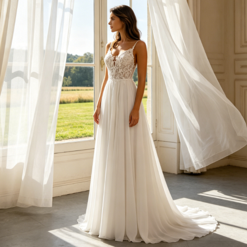 Elfenbeinweißes Maxikleid mit floraler Spitze und V-Ausschnitt – Elegante Abendrobe aus Tüll mit Schleppe