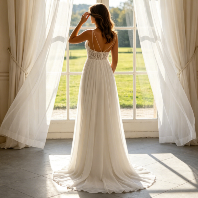 Elfenbeinweißes Maxikleid mit floraler Spitze und V-Ausschnitt – Elegante Abendrobe aus Tüll mit Schleppe