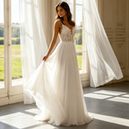 Elfenbeinweißes Maxikleid mit floraler Spitze und V-Ausschnitt – Elegante Abendrobe aus Tüll mit Schleppe