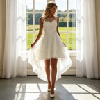 Elfenbeinweißes Hi-Lo Kurzes Kleid mit floraler Spitze & Tüll – Elegantes ärmelloses Cocktailkleid in A-Linie