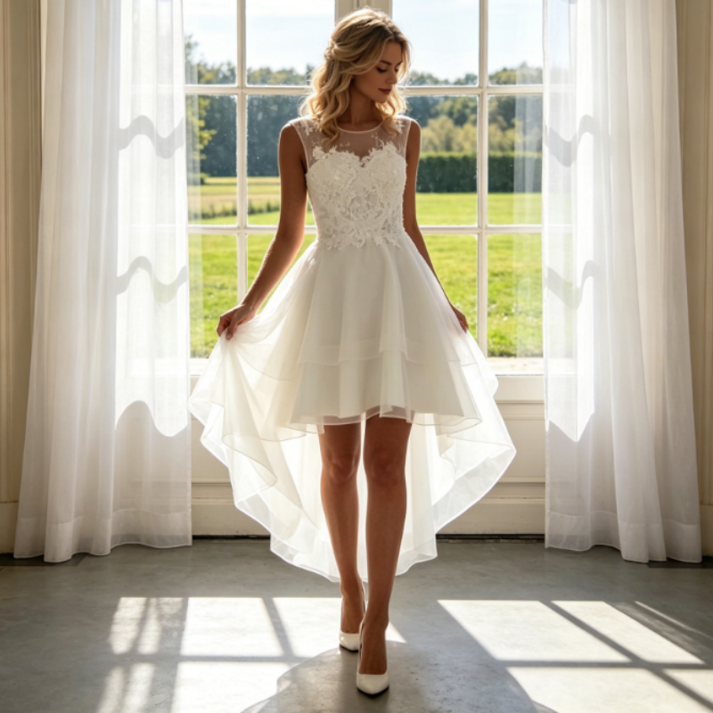 Elfenbeinweißes Hi-Lo Kurzes Kleid mit floraler Spitze & Tüll – Elegantes ärmelloses Cocktailkleid in A-Linie