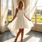 Elfenbeinweißes Hi-Lo Kurzes Kleid mit floraler Spitze & Tüll – Elegantes ärmelloses Cocktailkleid in A-Linie