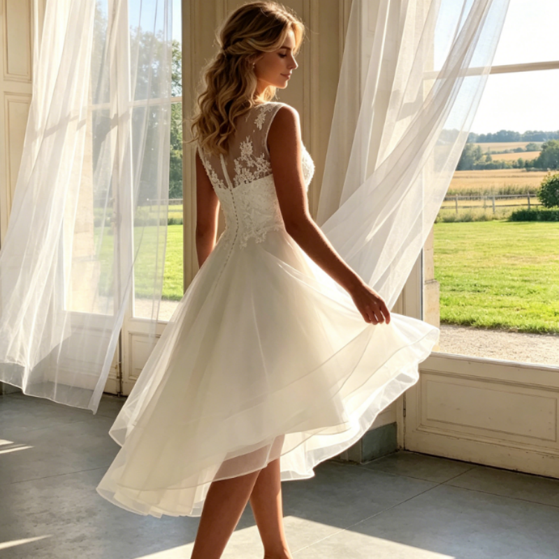Elfenbeinweißes Hi-Lo Kurzes Kleid mit floraler Spitze & Tüll – Elegantes ärmelloses Cocktailkleid in A-Linie