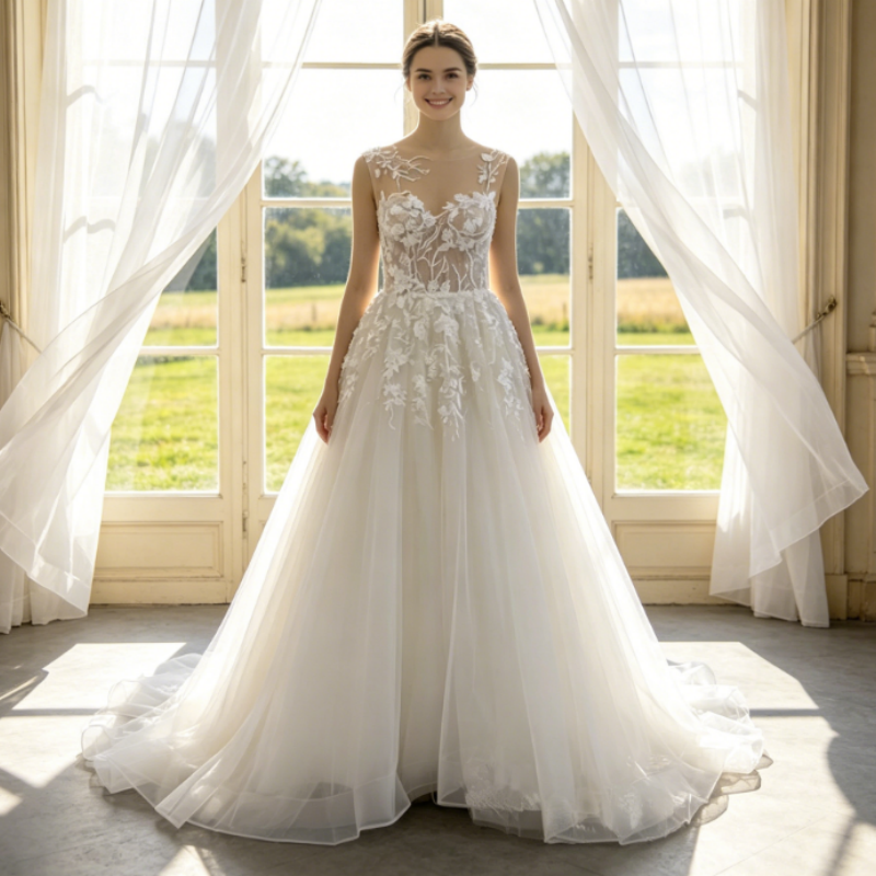 Elfenbeinweißes A-Linien Abendkleid mit Illusions-Ausschnitt & floraler Spitze – Elegante Tüll-Robe mit Schleppe