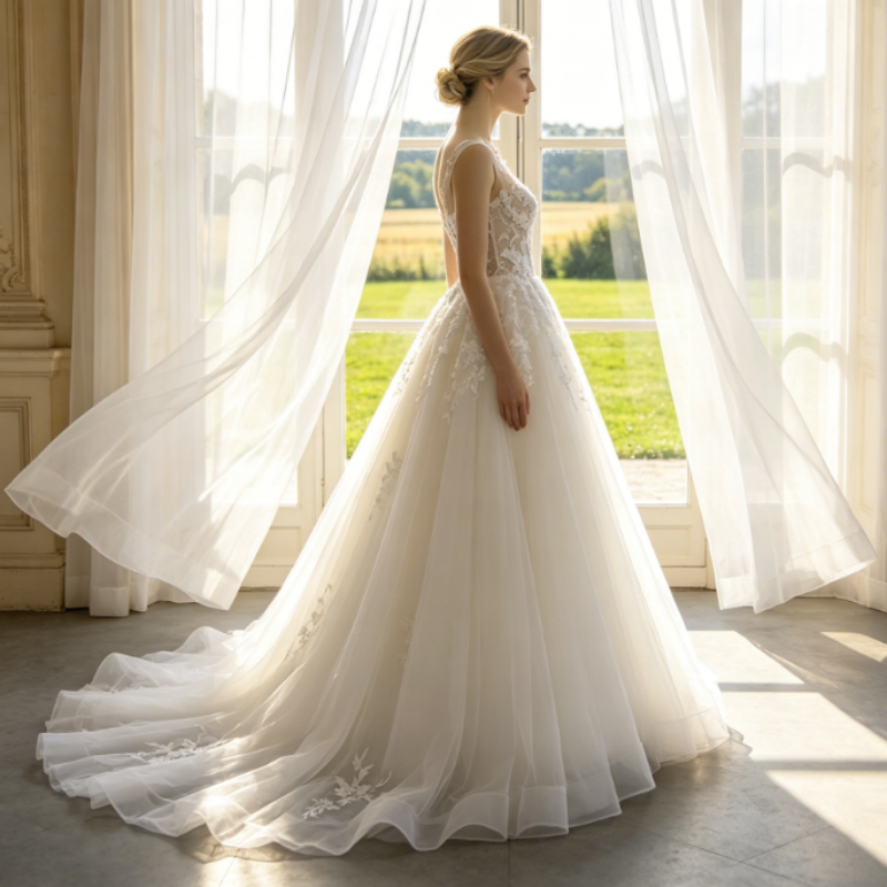 Elfenbeinweißes A-Linien Abendkleid mit Illusions-Ausschnitt & floraler Spitze – Elegante Tüll-Robe mit Schleppe