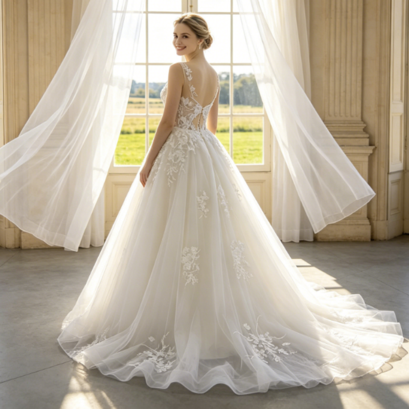 Elfenbeinweißes A-Linien Abendkleid mit Illusions-Ausschnitt & floraler Spitze – Elegante Tüll-Robe mit Schleppe