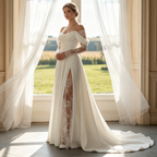 Elfenbeinweißes Satin-Abendkleid mit Schlitz & Spitzenärmeln – Elegante Off-Shoulder Robe mit Schleppe