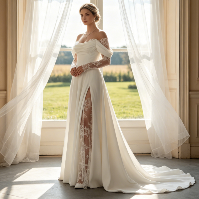 Elfenbeinweißes Satin-Abendkleid mit Schlitz & Spitzenärmeln – Elegante Off-Shoulder Robe mit Schleppe