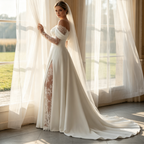 Elfenbeinweißes Satin-Abendkleid mit Schlitz & Spitzenärmeln – Elegante Off-Shoulder Robe mit Schleppe