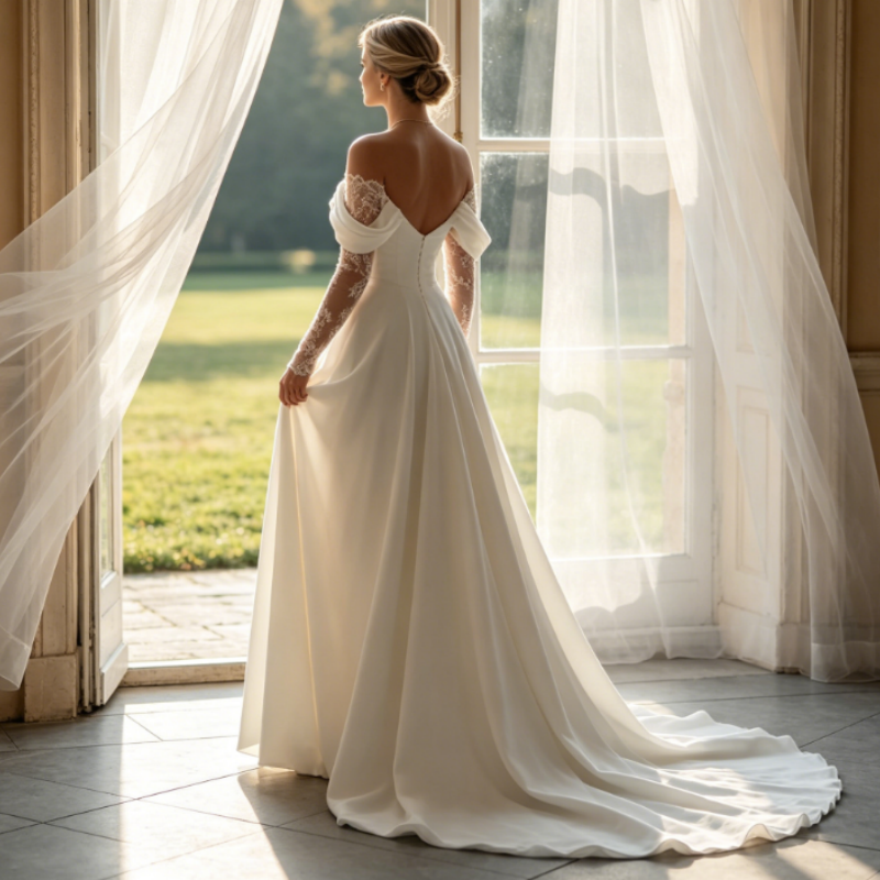 Elfenbeinweißes Satin-Abendkleid mit Schlitz & Spitzenärmeln – Elegante Off-Shoulder Robe mit Schleppe