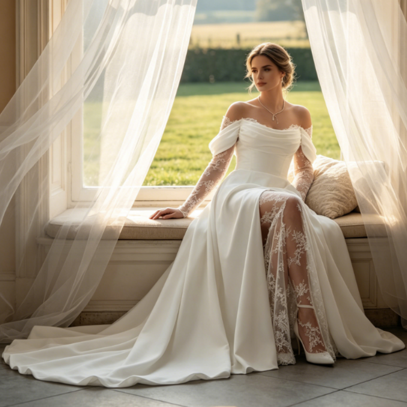 Elfenbeinweißes Satin-Abendkleid mit Schlitz & Spitzenärmeln – Elegante Off-Shoulder Robe mit Schleppe