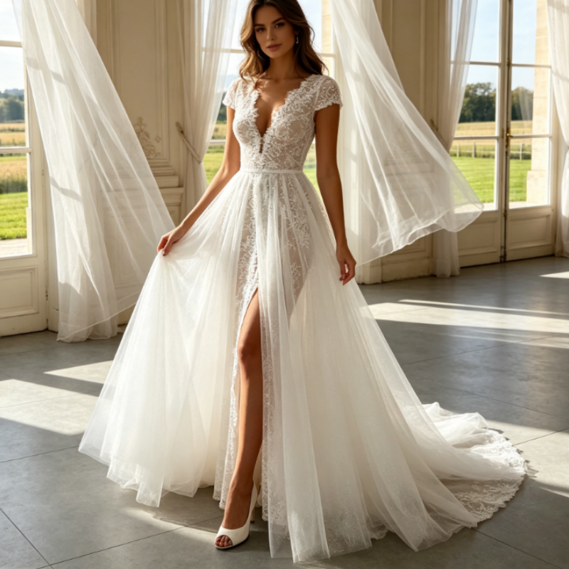 Elfenbeinweiße Abendrobe mit Glitzer & Off-Shoulder-Ausschnitt – Elegante figurbetonte Robe mit seitlichen Tüllbändern