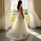 Elfenbeinweiße Abendrobe mit Glitzer & Off-Shoulder-Ausschnitt – Elegante figurbetonte Robe mit seitlichen Tüllbändern