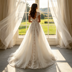 Elfenbeinweiße Abendrobe mit Glitzer & Off-Shoulder-Ausschnitt – Elegante figurbetonte Robe mit seitlichen Tüllbändern