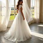 Elfenbeinweiße Abendrobe mit Glitzer & Off-Shoulder-Ausschnitt – Elegante figurbetonte Robe mit seitlichen Tüllbändern