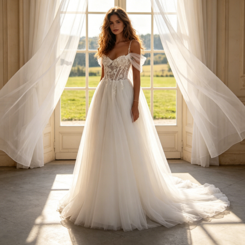 Elfenbeinweißes A-Linien Abendkleid mit floraler Spitze – Voluminöse Chiffon-Robe mit Spaghetti-Trägern & Schleppe